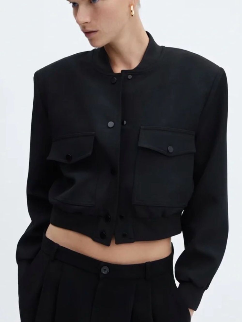 Mango Black Cropped Bomber Jacket with shoulder pads